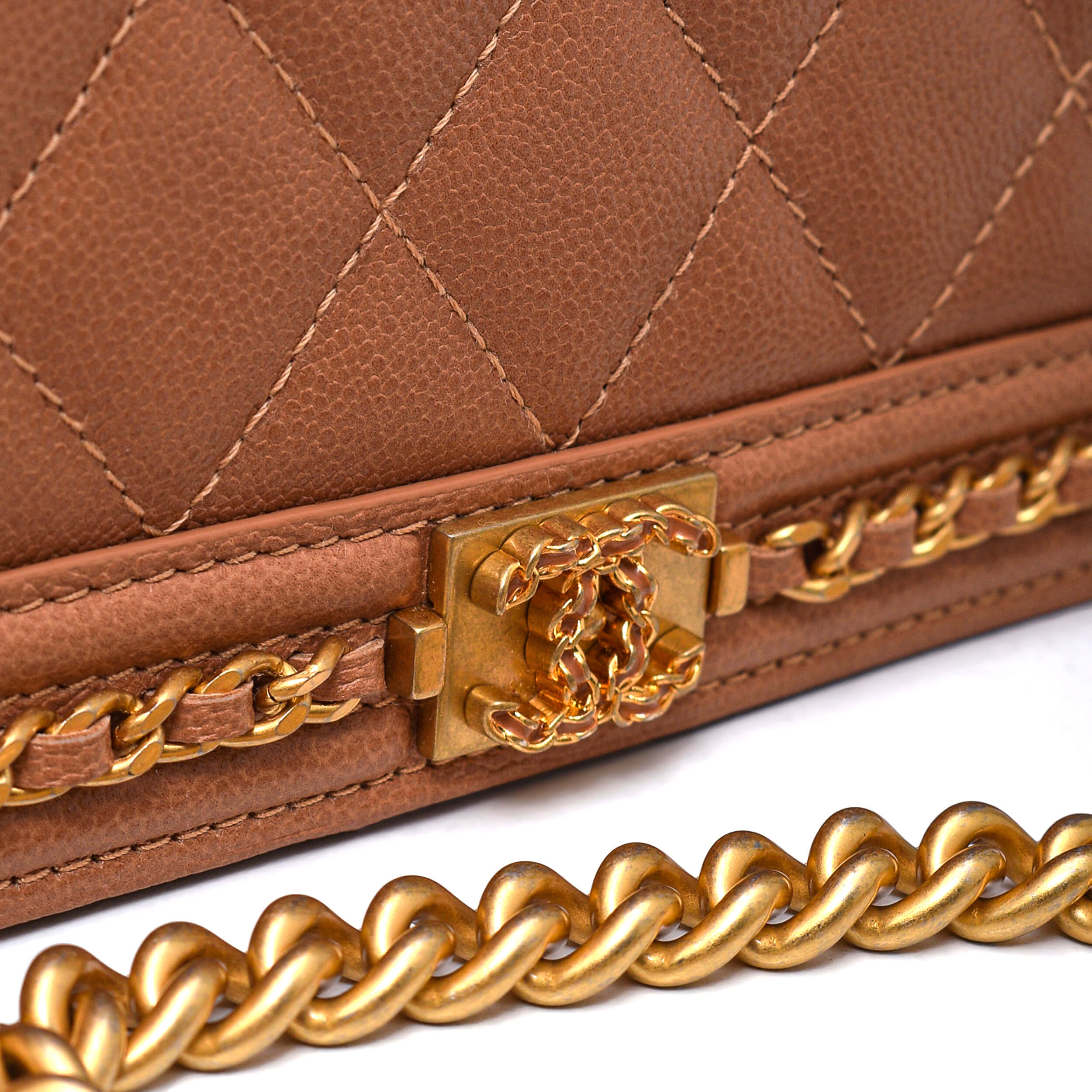 Chanel- Tan Quilted Caviar Leather Wallet on Chain Bag WOC